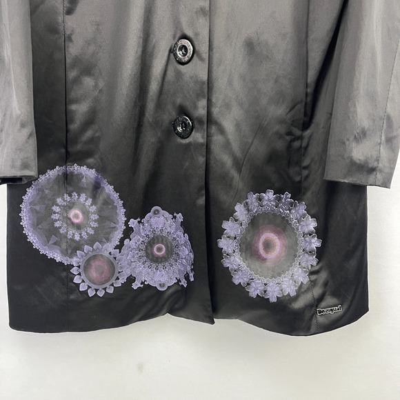 Desigual Black Satin Trench Coat Floral Hem EU 44 US 10/12‎ - Picture 3 of 16